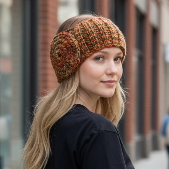 Hand Crafted Accessories - Headband Earwarmer Hand Crafted Multicolor Green Rust Bronze Orange Glitter Knit